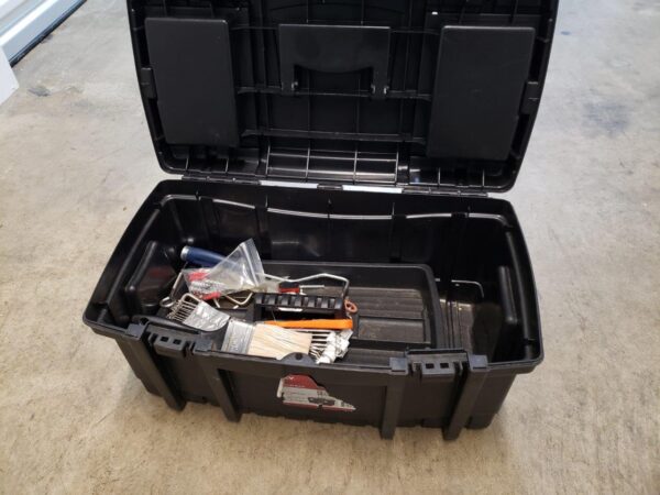 Husky 22" inch Tool Box paintbrush, roller, drywall anchors, drill screw bits, cabinet handles, screws, screwdriver