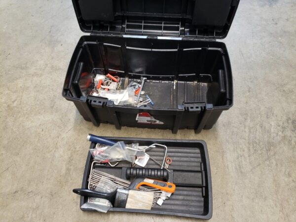 Husky 22" inch Tool Box paintbrush, roller, drywall anchors, drill screw bits, cabinet handles, screws, screwdriver