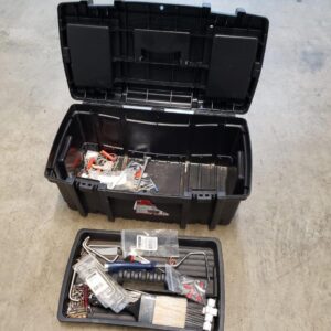 Husky 22" inch Tool Box paintbrush, roller, drywall anchors, drill screw bits, cabinet handles, screws, screwdriver